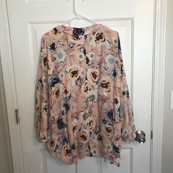 Maurices Pink Floral Print Open Front Peasant Sleeve Boho Kimono Plus Size 0X/1X - Picture 4 of 8